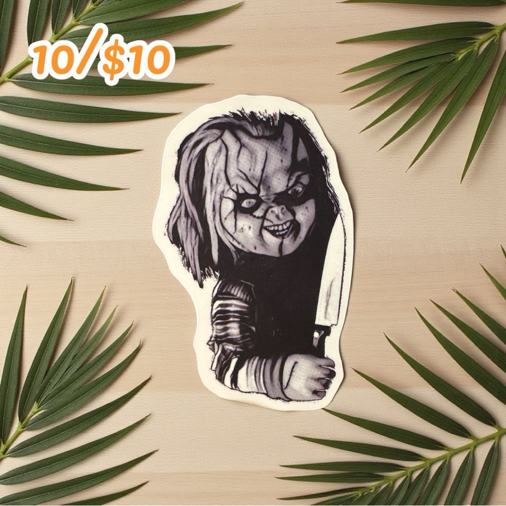 CHUCKY with Knife Sticker – Black & White Horror Matte | 2.25” | 10 for $10